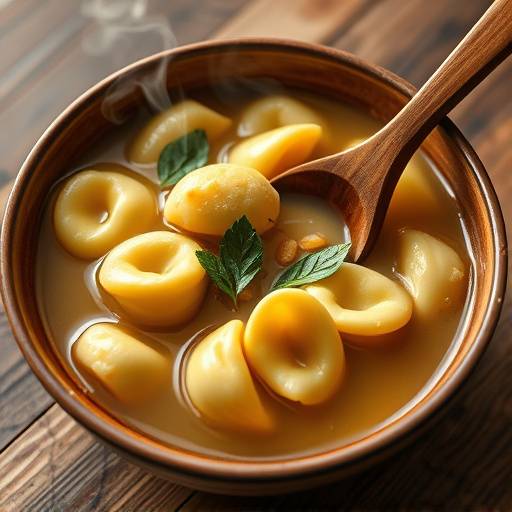 Piatto fumante di tortellini in brodo, servito in una ciotola di ceramica con cucchiaio di legno