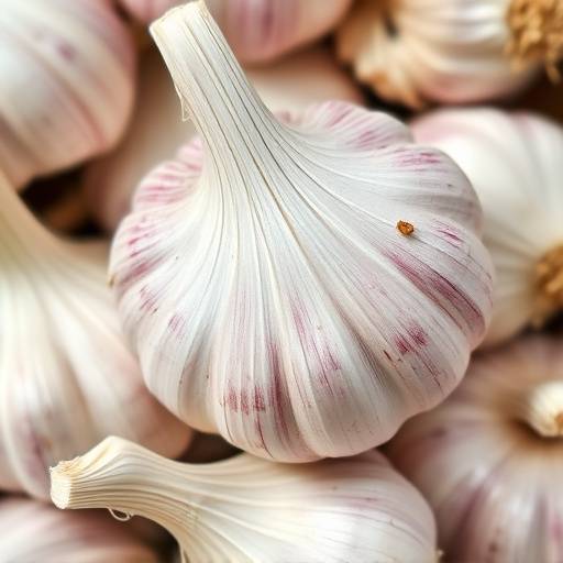 Un primo piano di aglio fresco, con bulbi bianchi e viola e un profumo intenso