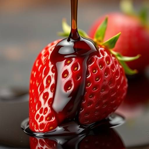 Una bottiglia di aceto balsamico tradizionale di Modena, con alcune gocce che cadono su una fragola fresca