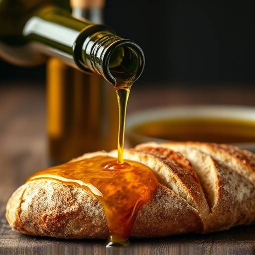 Una bottiglia di vetro scura di olio extravergine d'oliva, con un filo d'olio che cola su una fetta di pane casereccio