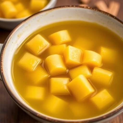 Una ciotola di Zuppa Imperiale con i suoi caratteristici cubetti gialli che galleggiano nel brodo