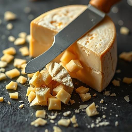 Una forma di Parmigiano Reggiano, con un coltello apposito per tagliarlo a scaglie e alcune scaglie sparse