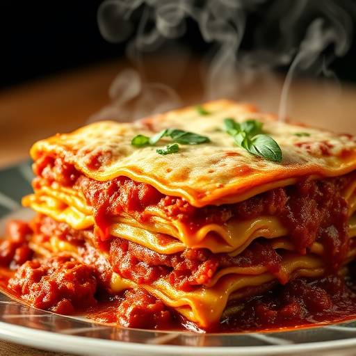 Una porzione di lasagne alla bolognese fumante, con strati ben definiti di pasta, rag&ugrave; e besciamella