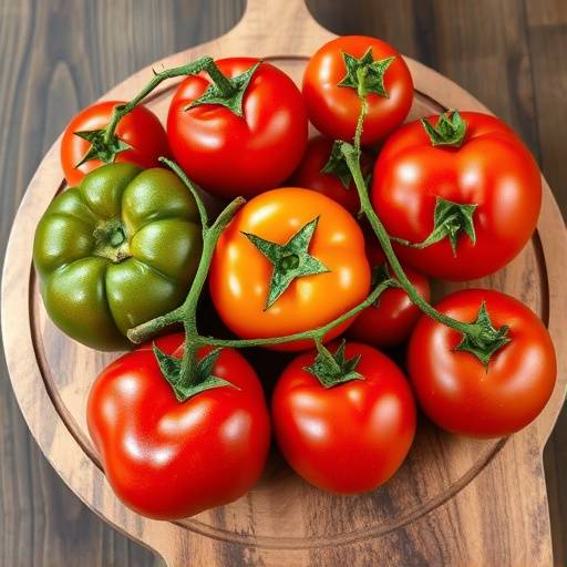 Una selezione di pomodori maturi di diverse variet&agrave;, tra cui San Marzano, ciliegino e cuore di bue, disposti su un tagliere di legno